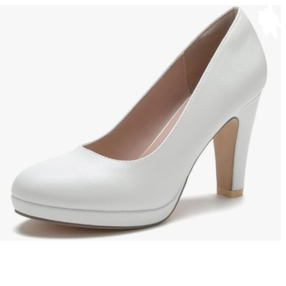 miss left White Low Platform Chunky High Heel Slip On Round Toe Pump Work Shoes - Picture 1 of 8